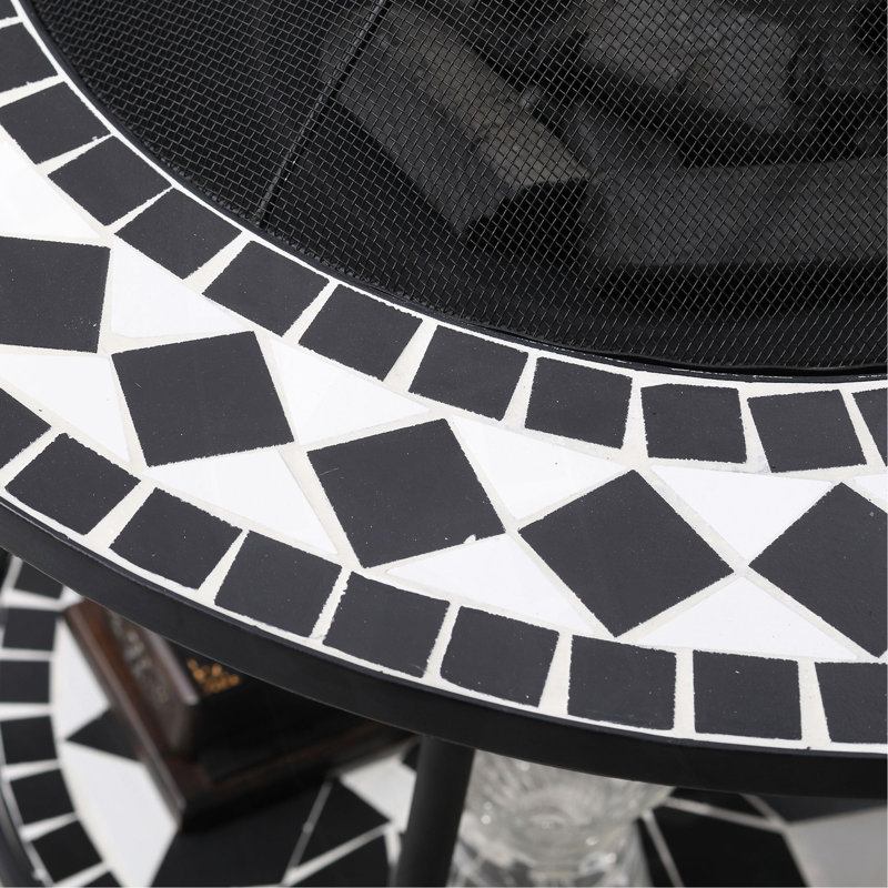 30" Outdoor Fire Pit Dining Table, 3-In-1 Round Wood Burning Fire Pit Bowl, Patio Ice Bucket With Storage Shelf, Spark Screen Cover For BBQ, Bonfire, Camping, Mosaic