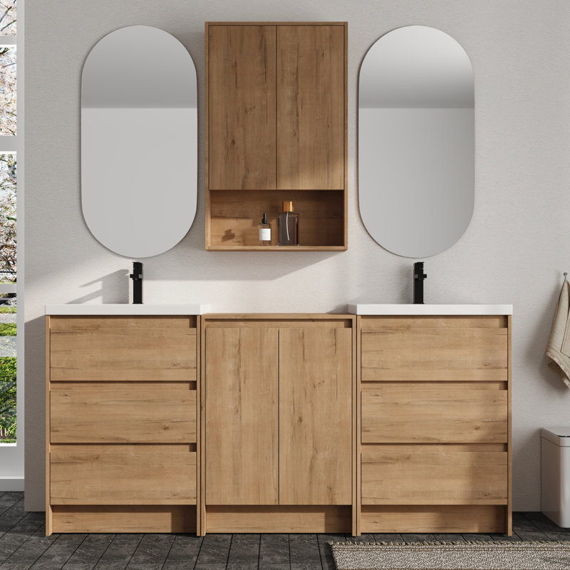 Meuble-lavabo double autoportant 72 po avec comptoir en résine et rangement mural pour salle de bain 24 po Vowar, 72"