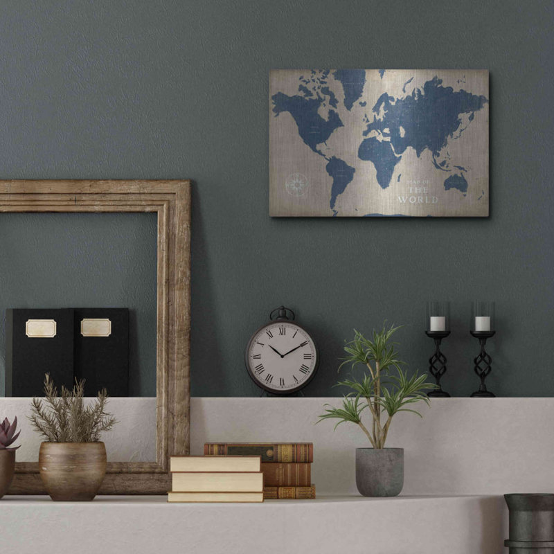 «Burlap World Map I Navy» par Sue Schlabach - impression de dessin sans cadre, H 12 po x l 16 po x P 0,13 po