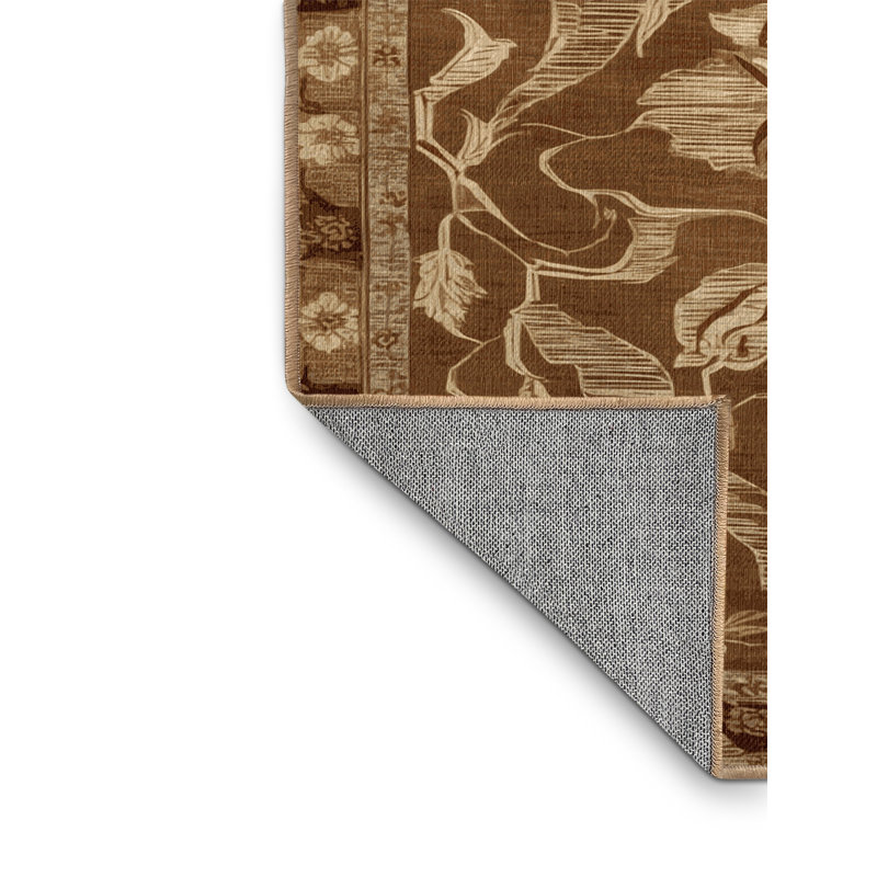 Machine Washable Art Deco Brown Area Rug, Round 4'