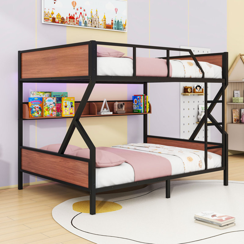 Lit superposé double en métal avec tablettes, lumières DEL et échelle