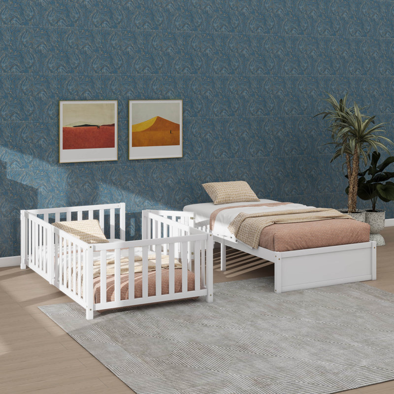 Lit de jour simple en bois avec garde-corps en forme de clôture pour la sécurité et deux tiroirs de rangement intégrés, Blanc
