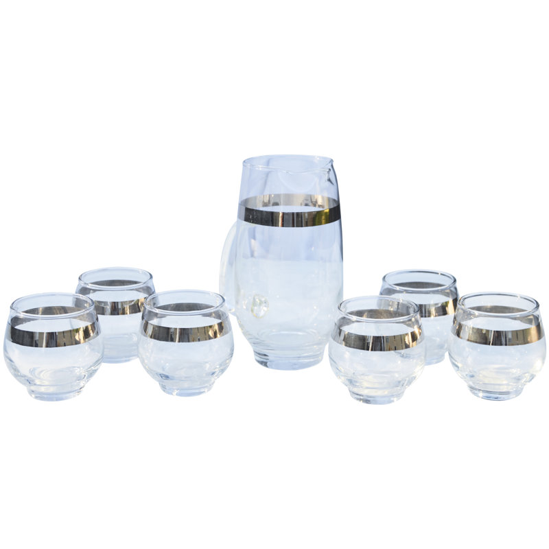 Ensemble de pichet et verres Mid-Century à bandes argentées soufflé à la main - 7 pièces