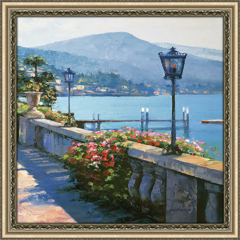 «Bellagio Promenade II» par Howard Behrens - Peinture, Encadrement champagne, H 37,5 po x l 37,5 po x P 1 po