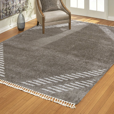 Limmet Bristow Brown/Ivory Plush Modern Shag Area Rug with Fringe