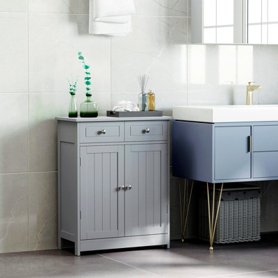 Armoire de salle de bain, armoire de salle de bain en bois avec 2 portes, 2 tiroirs et tablette réglable, armoire de rangement autoportante pour salle de bain, gris
