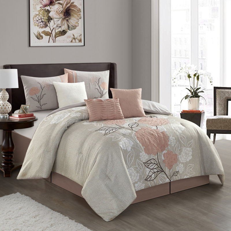 Blush Floral Microfiber Queen Comforter Set with Bonus Pillows