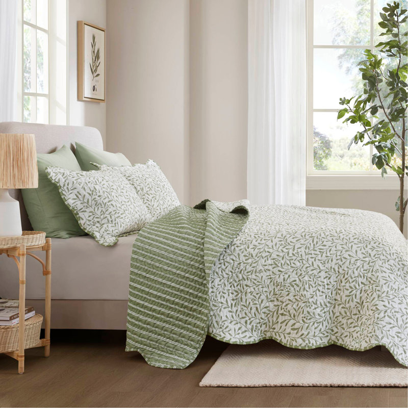 Ensemble de courtepointe 3 pièces pour lit double / grand, Vert sauge
