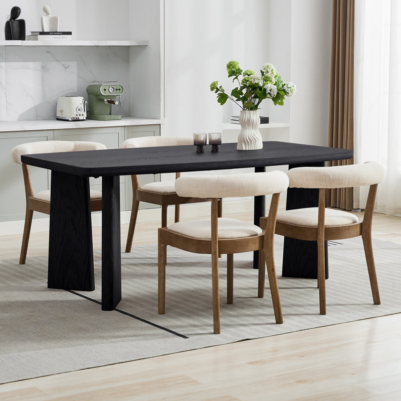 Ensemble de table à manger moderne, table de salle à manger rectangulaire et chaise de salle à manger rembourrée à dossier demi-tonneau avec structure en bois massif pour la salle à manger / cuisine