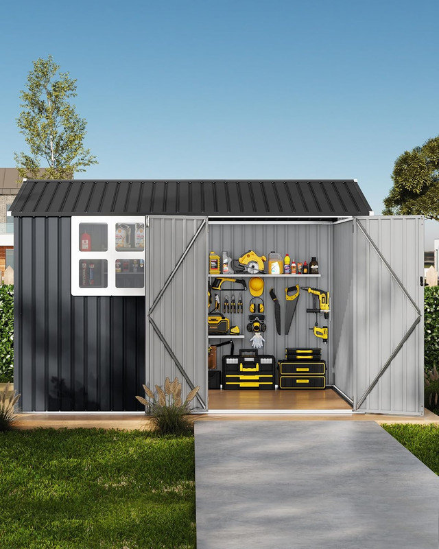 10x12 Ft Heavy-Duty Metal Storage Shed, Galvanized Steel Outdoor Utility Shed with Lockable Door & Windows, Brown