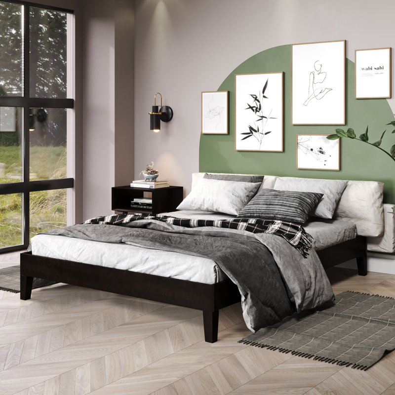 Antolic Solid Wood Platform Bed, Black, Queen