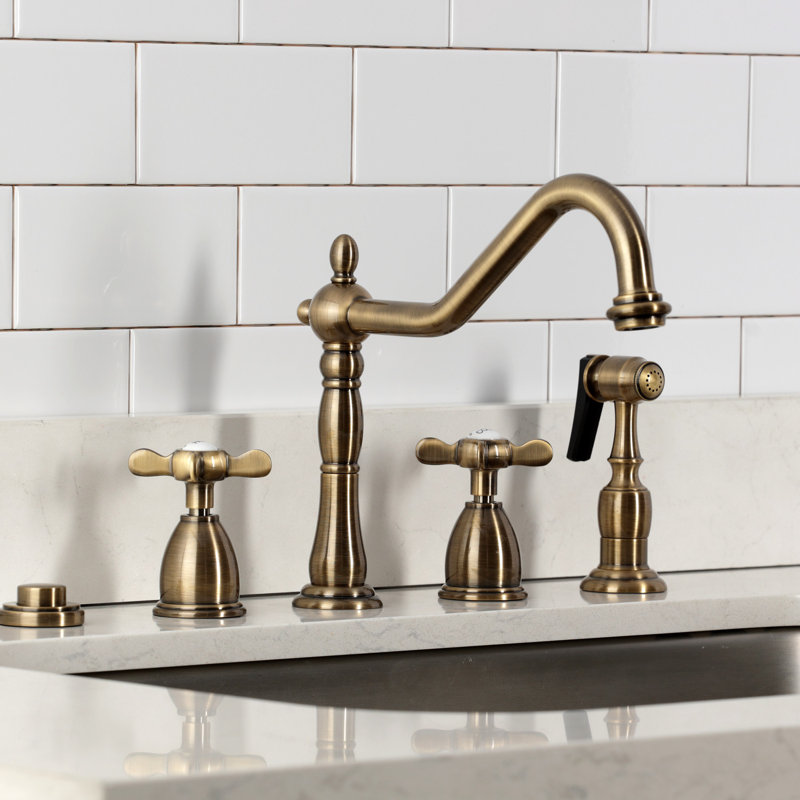 Kingston Brass Essex Double-Handle 4-Hole Widespread Kitchen Faucet With Brass Sprayer, Antique Brass