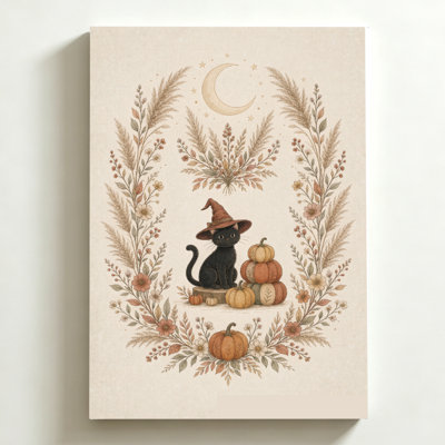 Reproduction d'art sur toile d'Halloween, chat noir 24 po x 36 po avec chapeau de sorcière et citrouille, entouré d'une couronne florale, reproduction d'aquarelle sur toile rétro. Décoration murale moderne pour chambre à coucher, salon et bureau pers