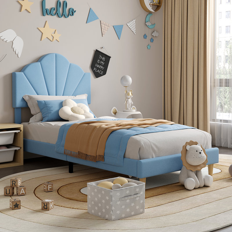Structure de lit simple, structure de lit plateforme tapissier en velours avec tête de lit réglable en hauteur, structure de lit simple pour fille avec support à lattes de bois, structure en métal stable, aucun sommier tapissier requis, bleu