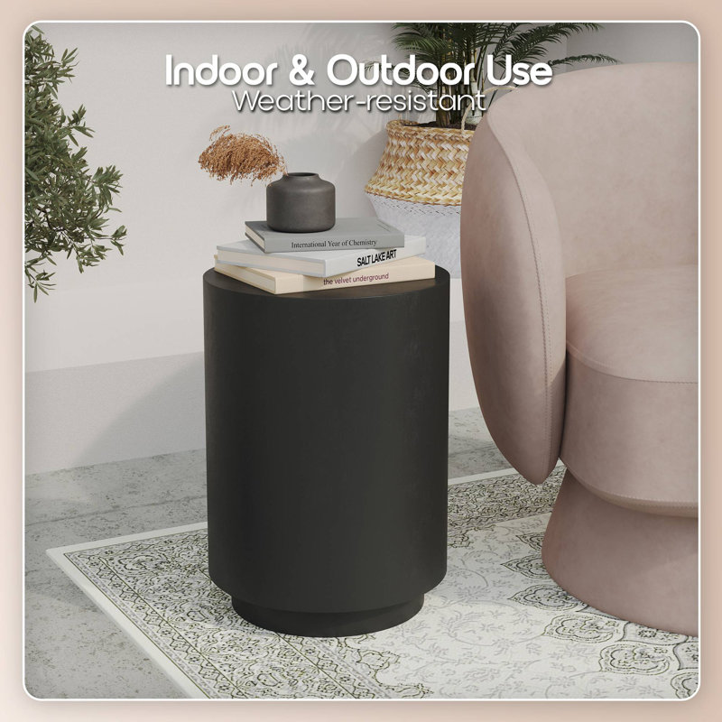 14" Wide Round Fiberstone End Table – Durable Indoor Outdoor Accent Table for Patio, Bedroom, or Living Room Use, Black
