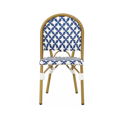 French Style Bistro Seating - Aluminium Construction, Woven , White Navy, 35.31"H X 22.06"D 18.51"W Elegant Seats Aluminum Frame,