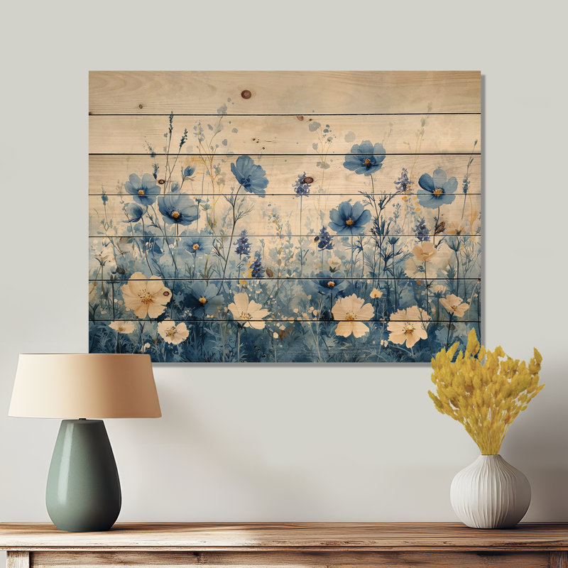 Field Of Blues Watercolor Wildflowers II - Wildflowers Wood Wall Art - On Natural Pine Wood, 24" H x 32" W x 0.78" D