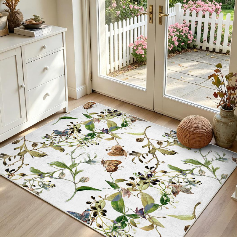 Green Colorful Abstract Watercolor Painting Leaf Flowers Tropical Machine Washable Indoor Area Rug, Rectangle 39" x 63"