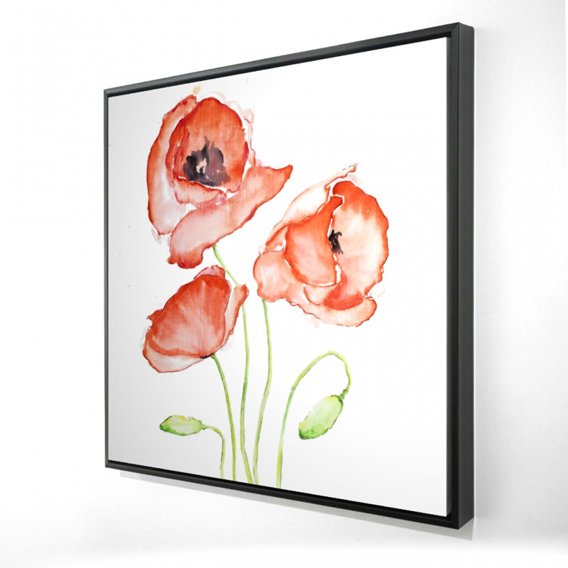 Aquarelle de coquelicots, décoration florale encadrée sur toile rouge