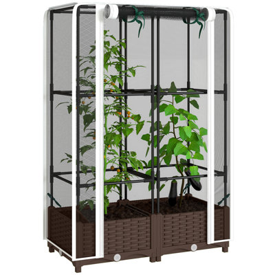 Raised Garden Bed with Trellis, 46.5" Tomato Cage with Crop Cage, Self Watering Planter Box with Drainage Holes and Plugs for Outdoor Patio Climbing Plants, Vines, Vegetables, Flowers, White