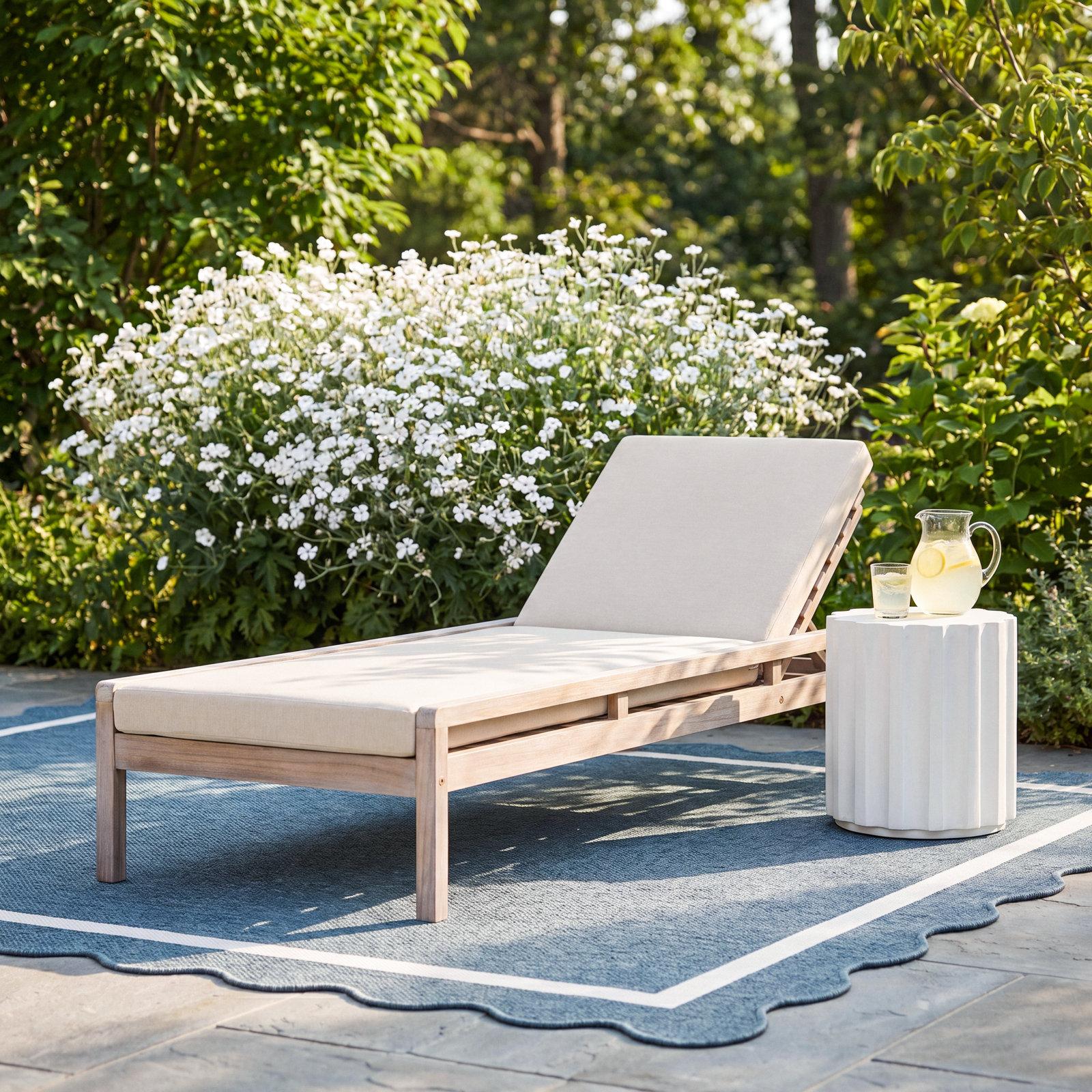 Amina Solid Acacia Wood Reclining Chaise Lounge with Cushion, Beige