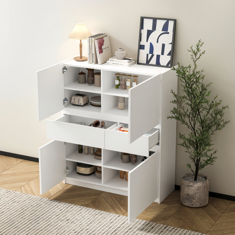 White Wooden Storage Cabinet With 4 Doors And 2 Drawer