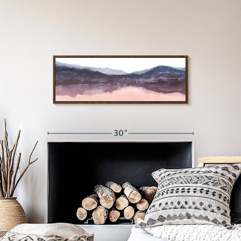 Aquarelle paysage IV rosé indigo III, 28 po x 10 po, Cadre flottant noyer