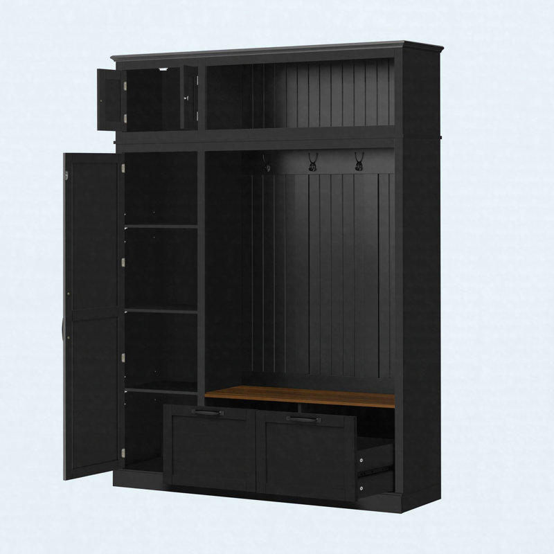3-in-1 Hall Tree with Overhead Storage Cabinet, Adjustable Shelves, Drawers and Bench Entryway Organizer