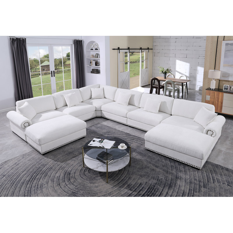 Oversized Corner Sectional Sofa With Reversible Chaises 8 Seat Chenille Cloud Sectional Couches, White Chenille