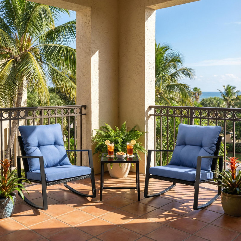  3-Piece Wicker Rocking Bistro Set with Blue Cushions