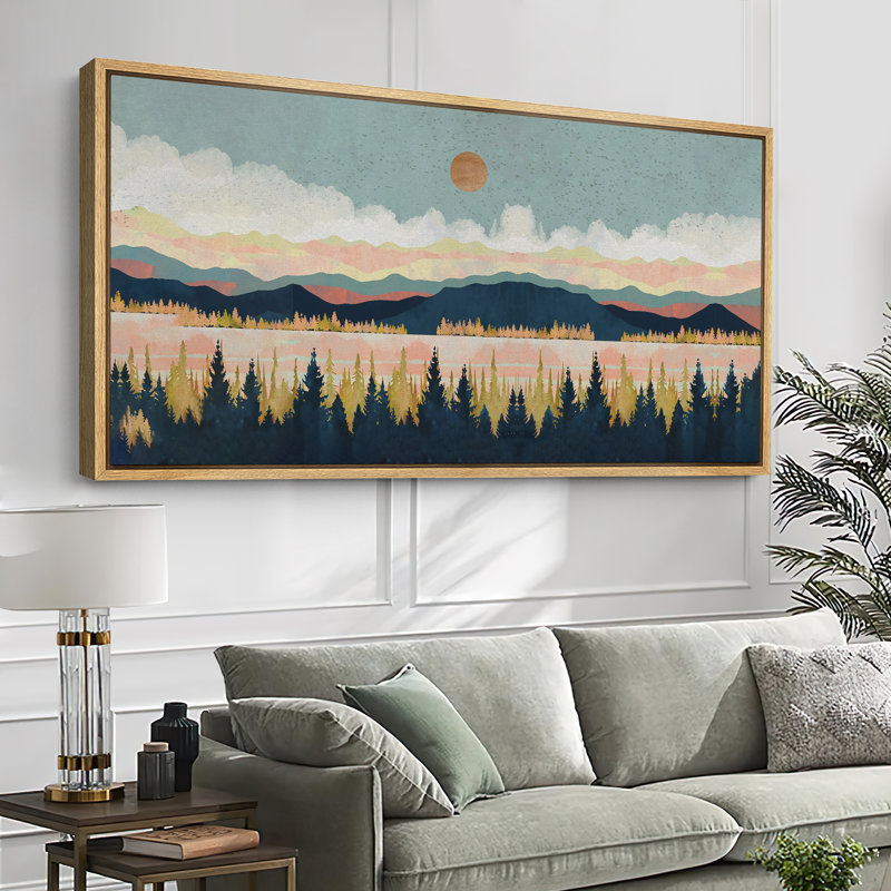 «Pastel Gradient Mountain Lake with Lush Forest», reproduction d'art sur toile encadrée, Cadre flottant noir