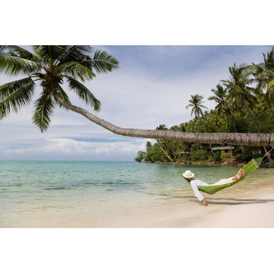 Man Lying on Green Beach Hammock Hanging From Palm Tree by Neoblues