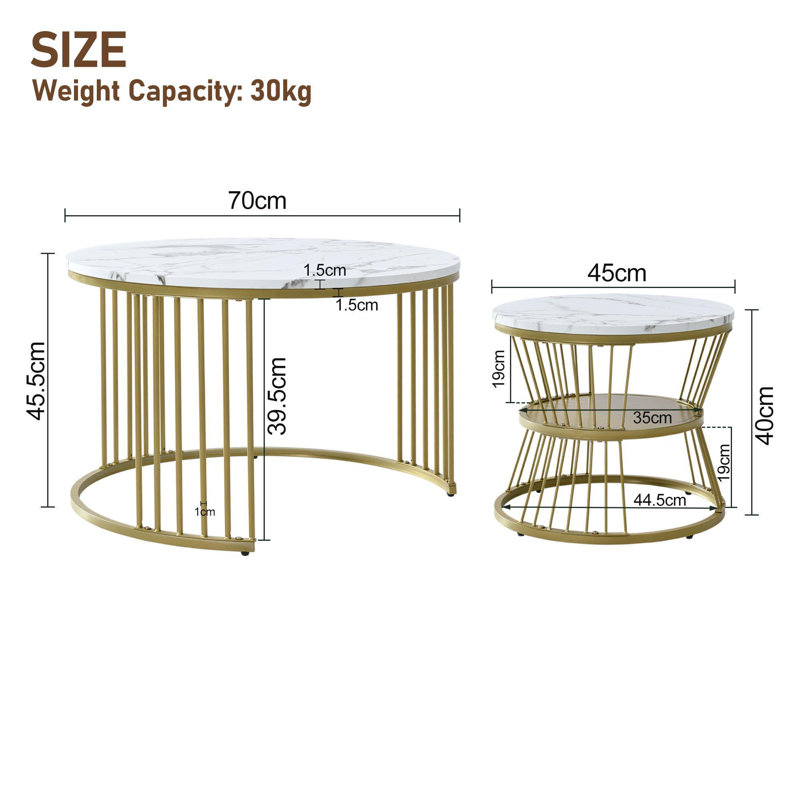 Amahya Frame Coffee Table with Storage, White Marble, Gold