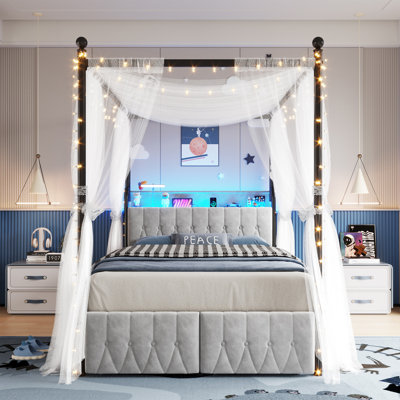 Structure de lit à baldaquin en velours avec tiroirs de rangement, tête de lit réglable, lumières DEL et station de charge USB, capacité de poids de 880 lb, assemblage facile