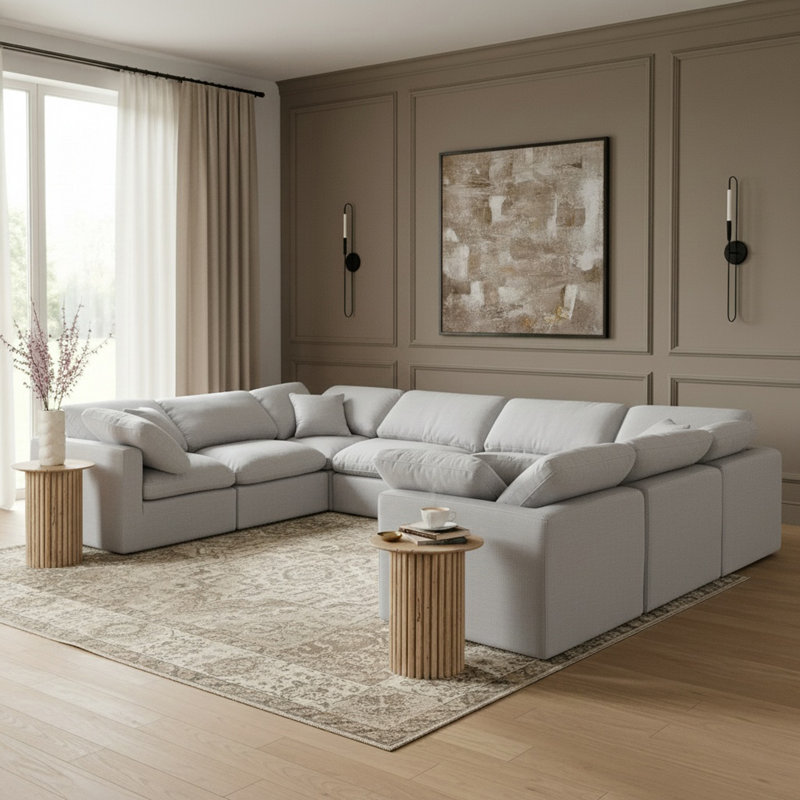 Canapé modulaire de coin rembourré 8 pièces Itala, Tissu gris texturé en lin