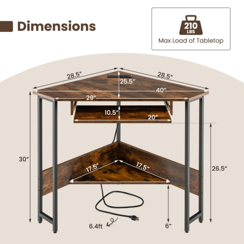 Triangle Corner Desk With Charging Station Keyboard Tray And Storage Shelf