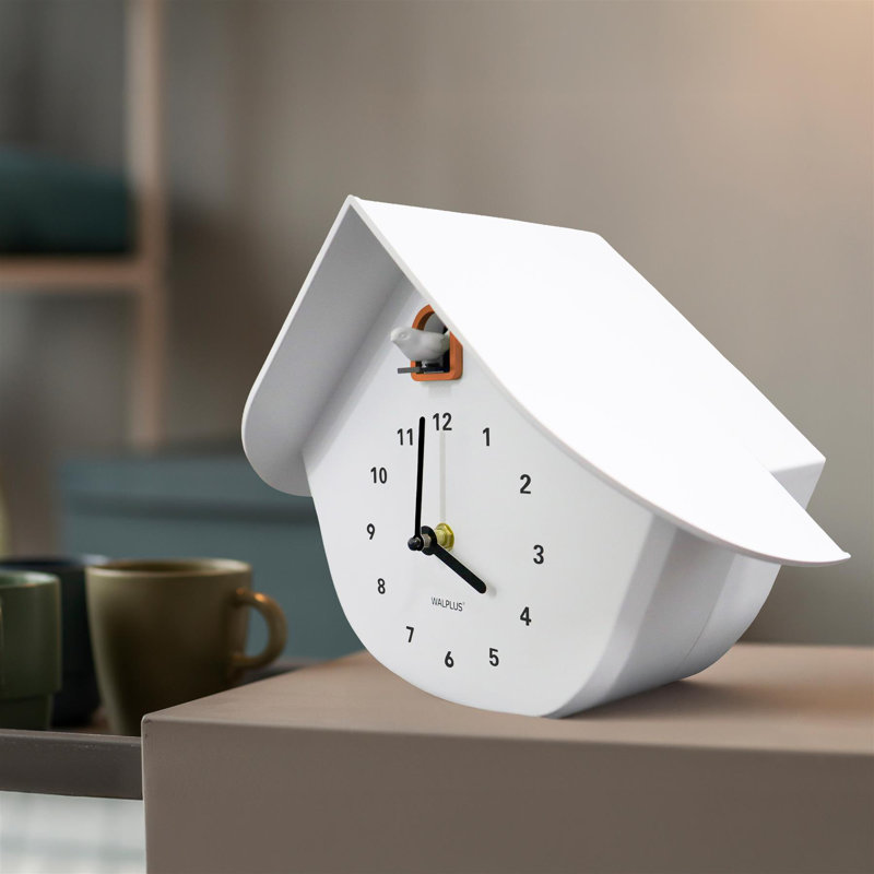 Modern Cuckoo Wall Clock with Accents – Minimalist Decorative Birdhouse Design, Battery Operated, 32.5cm, White/Orange