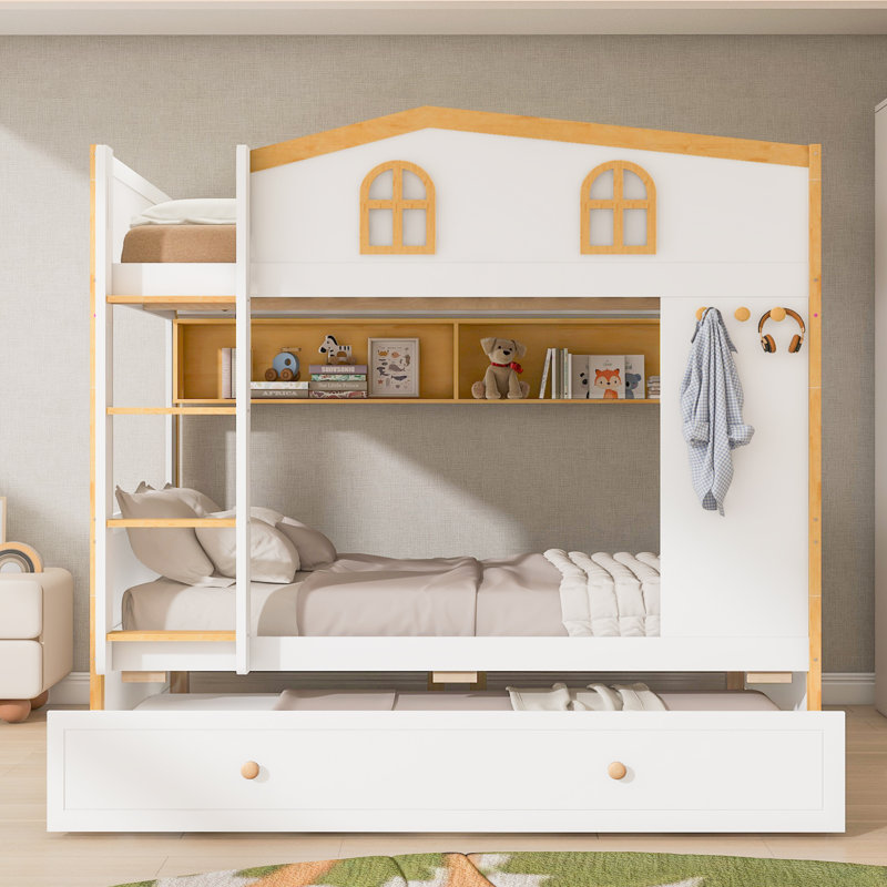 Lit superposé en forme de maison moderne Kairox avec tablettes et tiroirs de rangement, garde-corps, solution de sommeil loft ludique