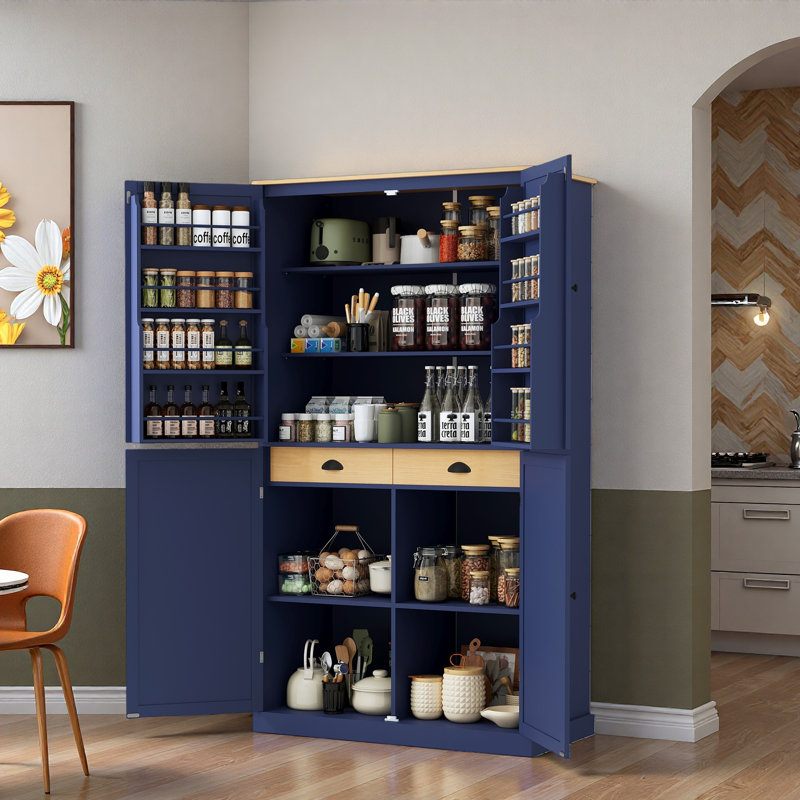 Garde-manger autoportant avec 2 tiroirs, 2 tablettes réglables et 8 tablettes de porte, Bleu