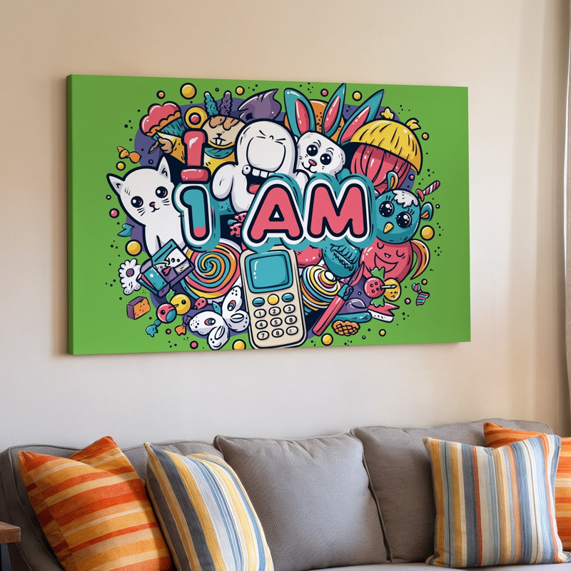 Reproduction d'art sur toile, "Collage éclectique" sur fond vert vif, H 9 po x l 12 po