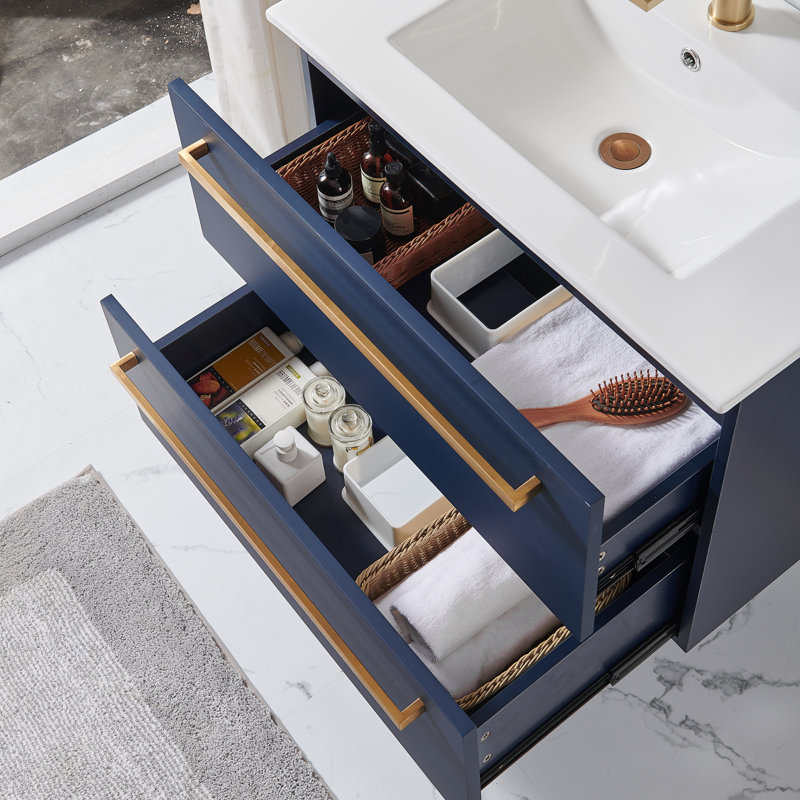 Ensemble de meuble-lavabo mural simple bleu moderne 30 po avec deux tiroirs Kortnee