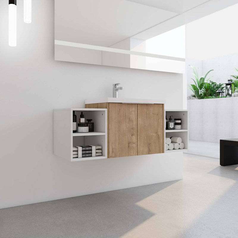 Meuble-lavabo à fermeture en douceur 48 po avec lavabo, deux petites tablettes de rangement et armoire combinée