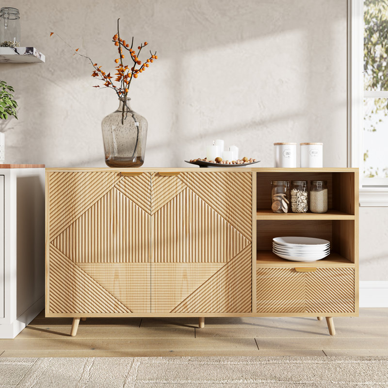 Buffet Mid-Century géométrique en bois avec rangement polyvalent