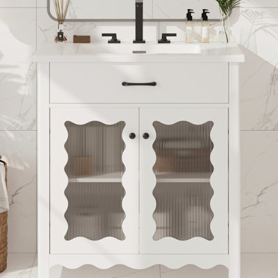 31" Bathroom Vanity With Faux Drawer Design, Vertical Striped Glass, And Rubber Wood Legs For A Functional 31-inch Drawer, Scratch- Surface, Soft-close Function Safe Stylish Space