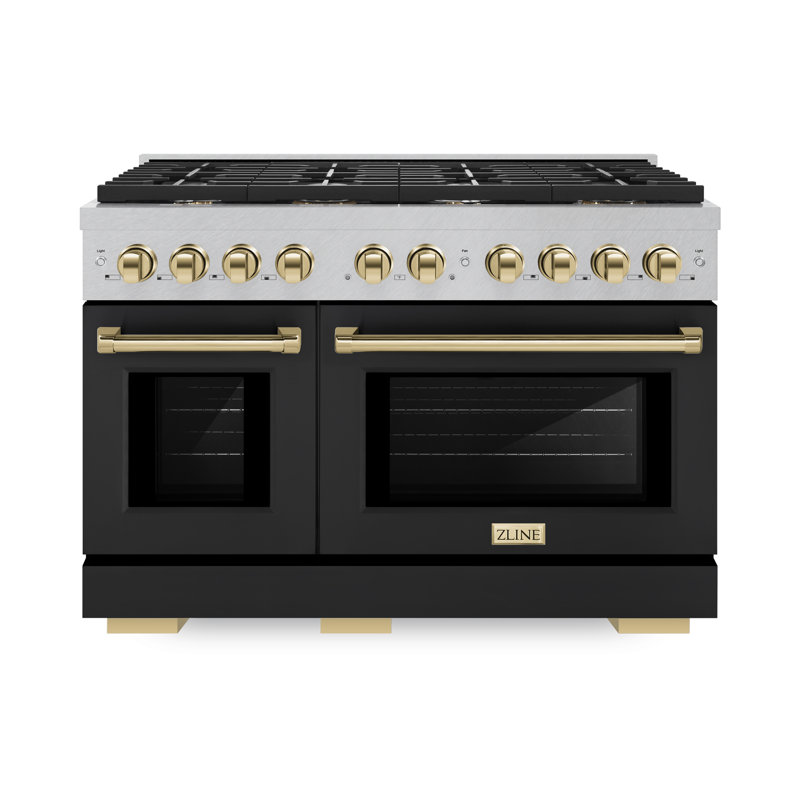 ZLINE Autograph Edition 48 in. 6.7 cu. ft. Paramount Double Oven Dual Fuel Range with 8 Burner Gas Cooktop in Satin Stainless Steel with Doors and Accents