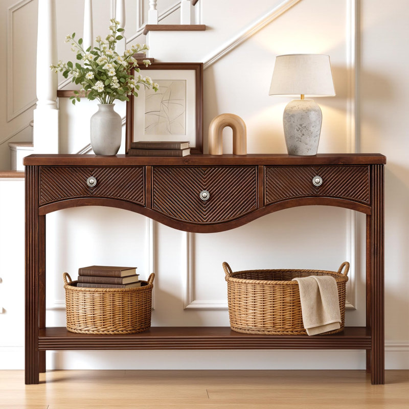 52" Retro Fluted Console Table with 3 Drawers and Scalloped Edge, Sofa Table with Solid Wood Legs for Entryway or Living Room  ,Espresso