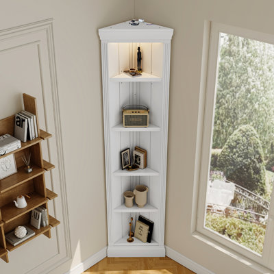 Bibliothèque d'angle moderne à 5 niveaux avec DEL, 83,4 po de hauteur, blanc pour bureau à domicile, salon, salle de jeux Dazzle 83,4 po de hauteur