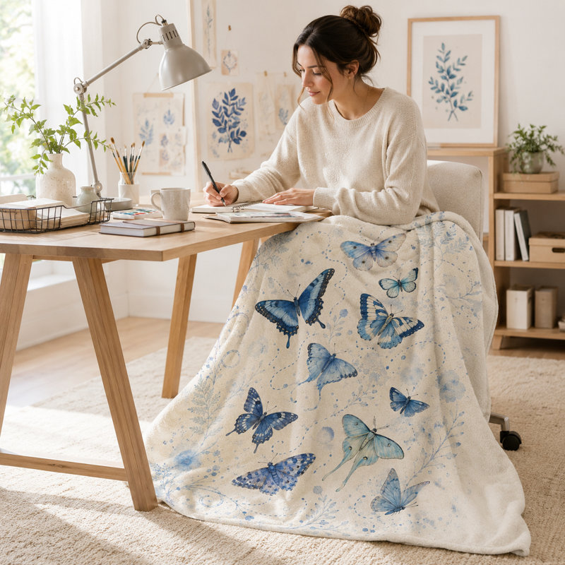 Jeté à motif d'aquarelle Blue Butterfly, 60" L x 50" W