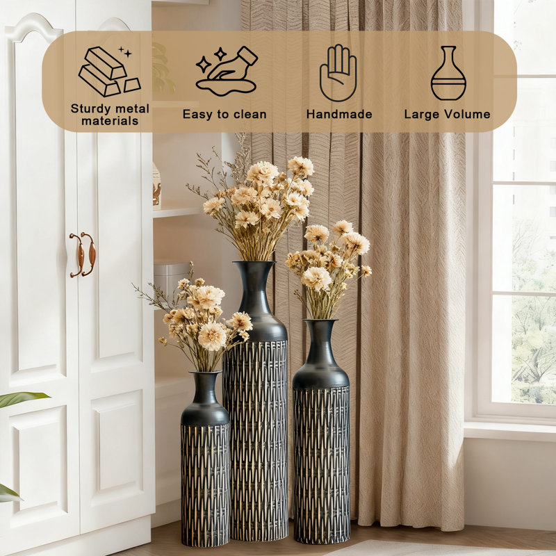 Modern Black Metal Decorative Vases Floor Vases with Textured Pattern Set of 3 for Living Room (32.68, 25.98, 19.69in.)