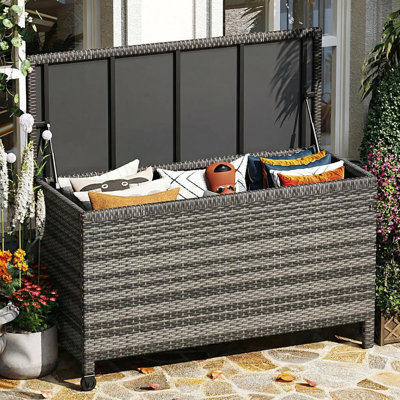 185 Gallon Outdoor Deck Box with Wheels, Waterproof Rattan Storage Box with Lockable Lid for Patio Cushions Garden Tools Pool Toys